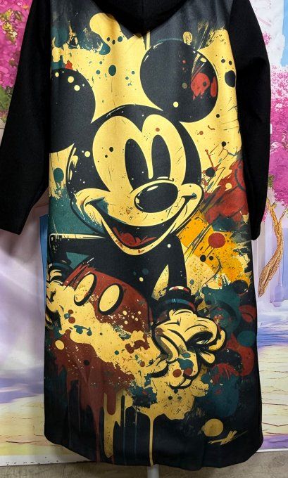 Manteau long noir simili-cuir taille réglable doublé Mickey Mouse du 36 au 46 et même + porté ouvert