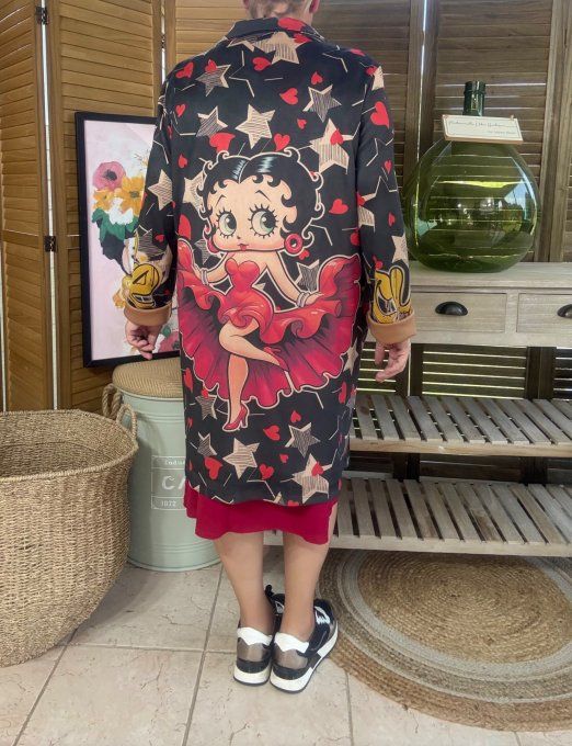 Veste longue suédine noire Betty. Boop. étoiles rouges du 36 au 46 et même + 