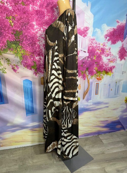Robe longue trapèze chocolat zébrée café crème écru Jungle Spirit du 42 au 54/56 