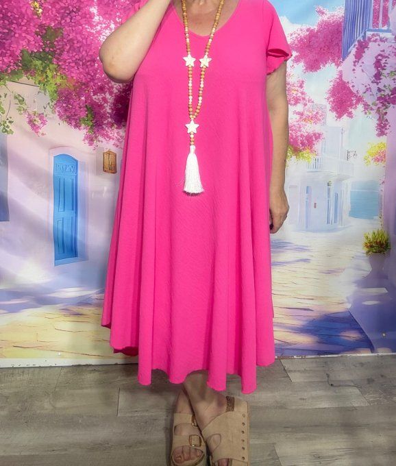 Robe trapèze mi-longue Rose Fuschia manches courtes volantées douceur ++++ du 38 au 50 