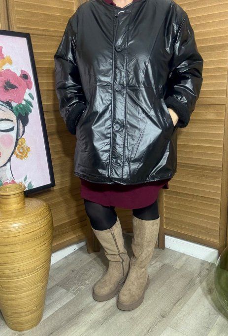 Parka réversible noir brillant mat & moumoute sherpa du 40 au 50/52 