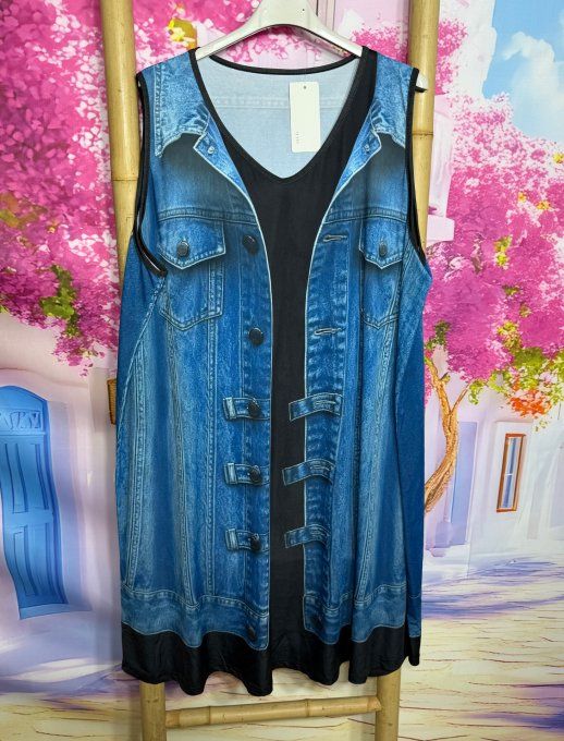 Robe trapèze débardeur lycra noir effet veste en jeans stone délavé du 38 au 48/50 
