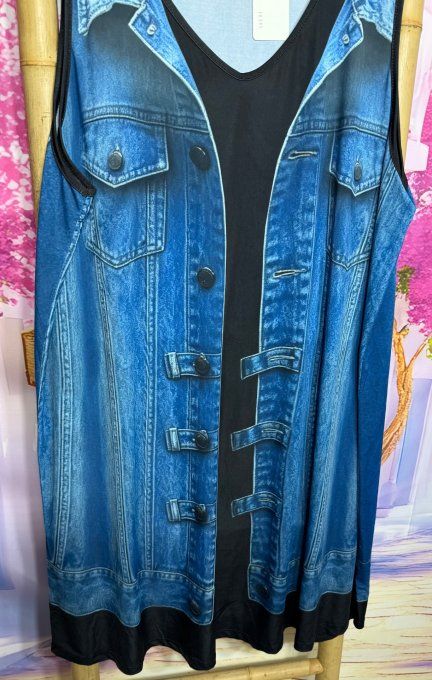 Robe trapèze débardeur lycra noir effet veste en jeans stone délavé du 38 au 48/50 