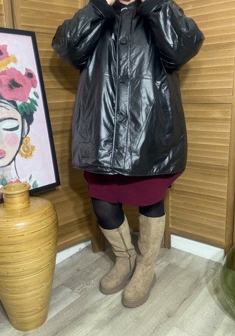 Parka réversible noir brillant mat & moumoute sherpa du 40 au 50/52 
