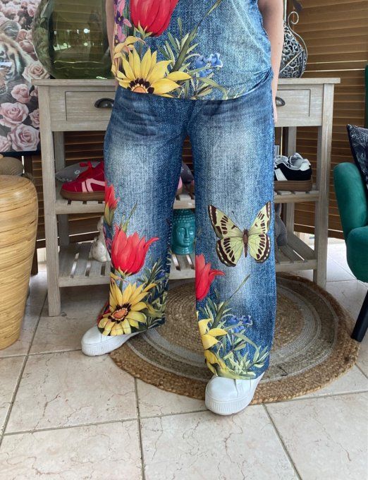 pantalon façon Palazzo effet jeans délavé Les Papillons confort +++ du 42 au 52/54