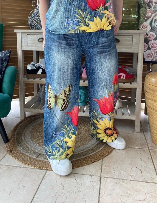 pantalon façon Palazzo effet jeans délavé Les Papillons confort +++ du 42 au 52/54