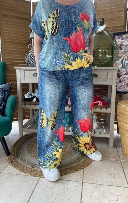 pantalon façon Palazzo effet jeans délavé Les Papillons confort +++ du 42 au 52/54