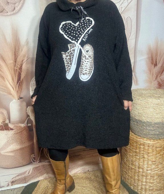 Robe à capuche moumoute noire Baskets Léopard coeur douceur +++ du 38 au 48/50
