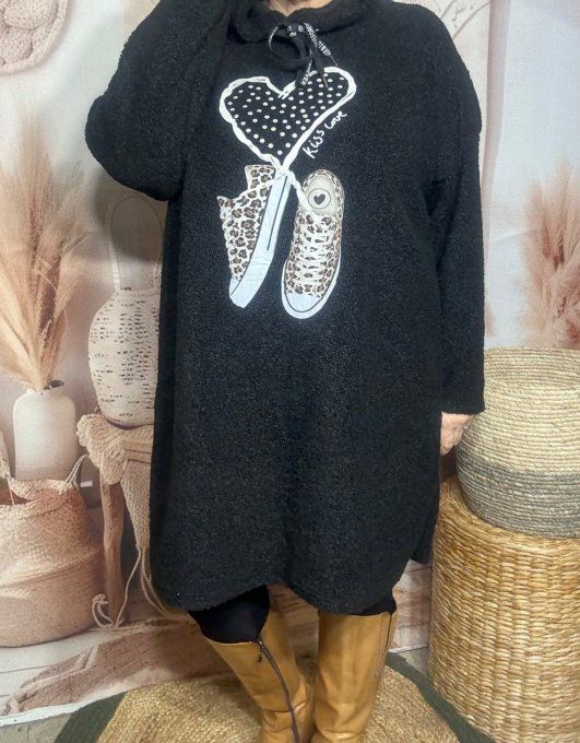 Robe à capuche moumoute noire Baskets Léopard coeur douceur +++ du 38 au 48/50