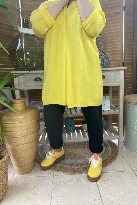 Gilet long sans laine ample jaune citron étoile pailletée douceur ++++ du 38 au 50/52 