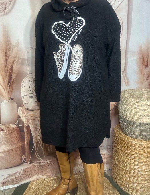 Robe à capuche moumoute noire Baskets Léopard coeur douceur +++ du 38 au 48/50