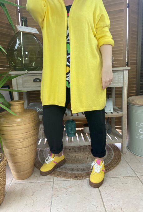 Gilet long sans laine ample jaune citron étoile pailletée douceur ++++ du 38 au 50/52 