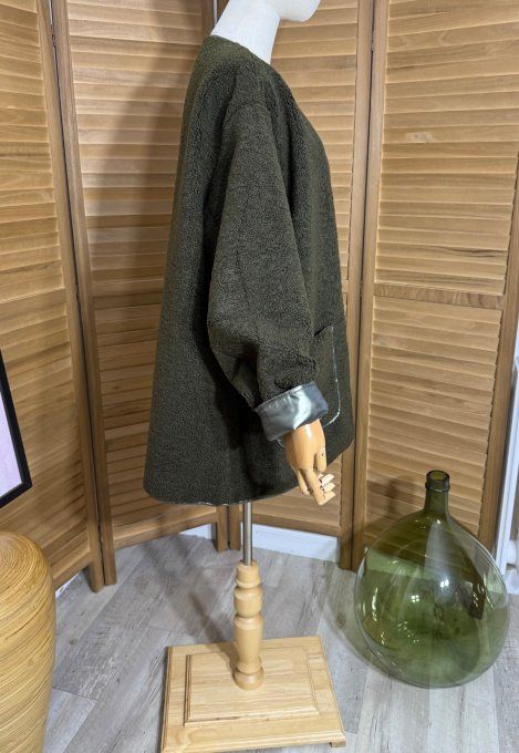 Parka réversible kaki brillant mat & moumoute sherpa du 40 au 50/52 