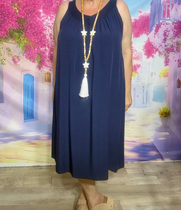 Robe trapèze mi-longue marine col V brodé viscose douceur ++++ du 36 au 46/48