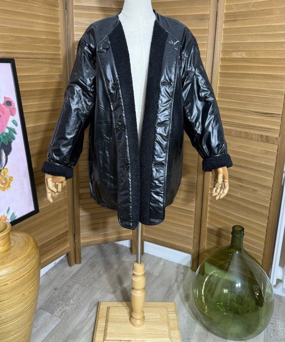 Parka réversible noir brillant mat & moumoute sherpa du 40 au 50/52 