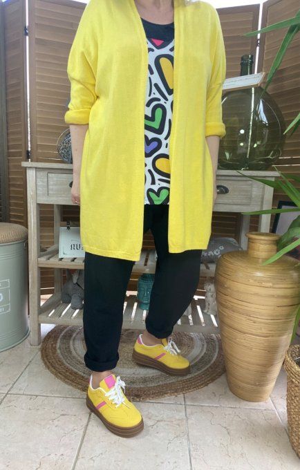 Gilet long sans laine ample jaune citron étoile pailletée douceur ++++ du 38 au 50/52 