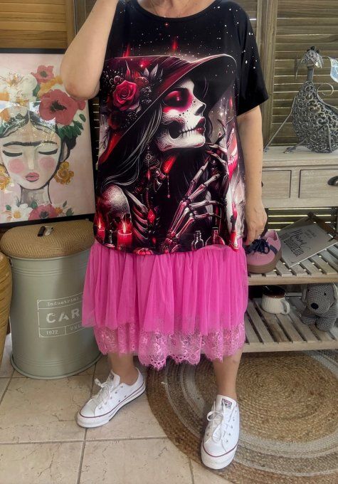 Top ample noir Pretty Skeleton Girl with Hat du 38 au 48/50 
