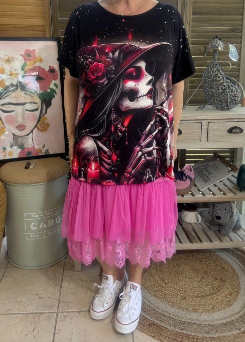Top ample noir Pretty Skeleton Girl with Hat du 38 au 48/50 