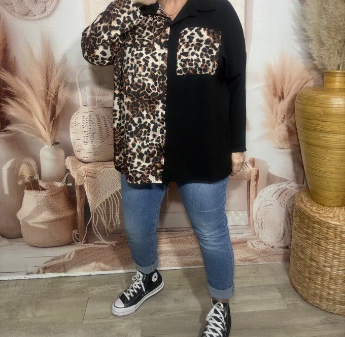 Chemise ample bicolore noire Léopard camel caramel du 40 au 50/52 