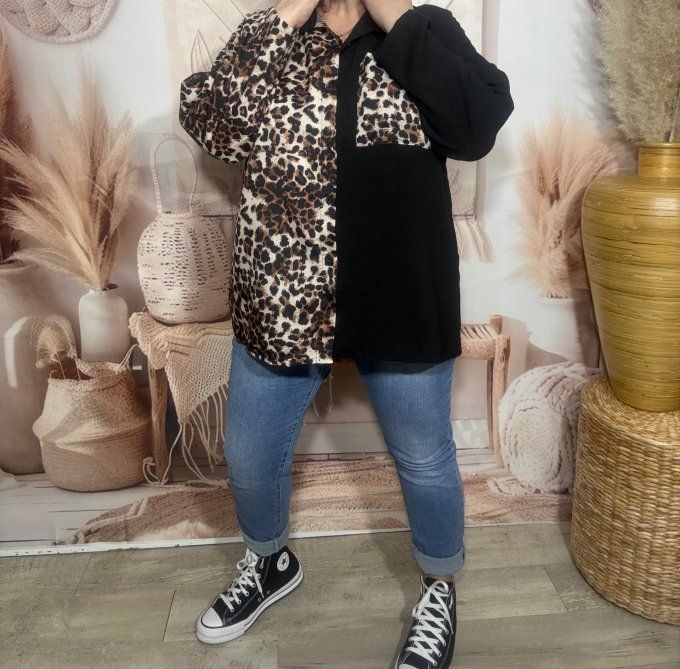 Chemise ample bicolore noire Léopard camel caramel du 40 au 50/52 