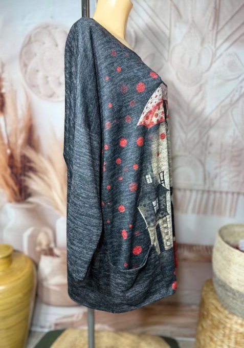 Tunique ample noire chinée grisée La femme au Parapluie + tour de cou "Snood" assorti du 40 au 52