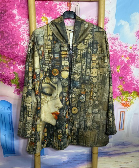 Veste à capuche suédine beige Femme Art Déco Paintings Vibes du 42 au 52/54 et même +