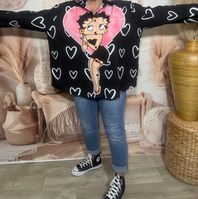 Chemise ample noire manches réglables Betty Boop Pink Pin Up du 40 au 52 