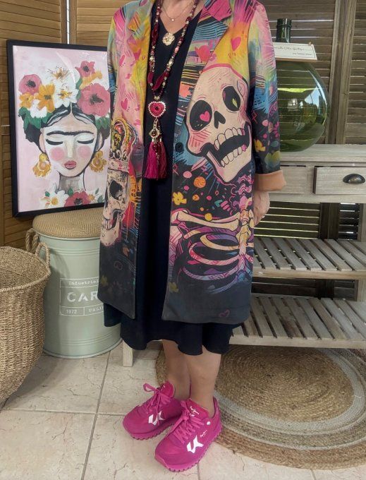 Veste longue suédine multicolore Mexican Skulls Rainbow du 36 au 46 et même + 