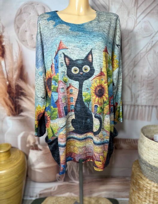 Tunique ample noire chinée grisée Le Chat Multicolore + tour de cou "Snood" assorti du 40 au 52 