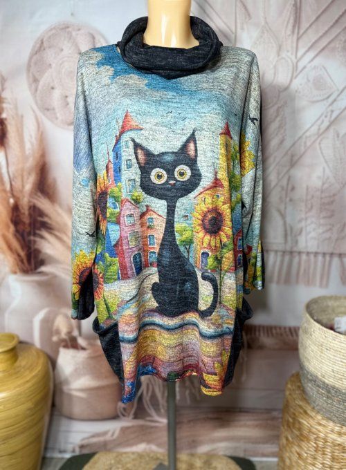 Tunique ample noire chinée grisée Le Chat Multicolore + tour de cou "Snood" assorti du 40 au 52 