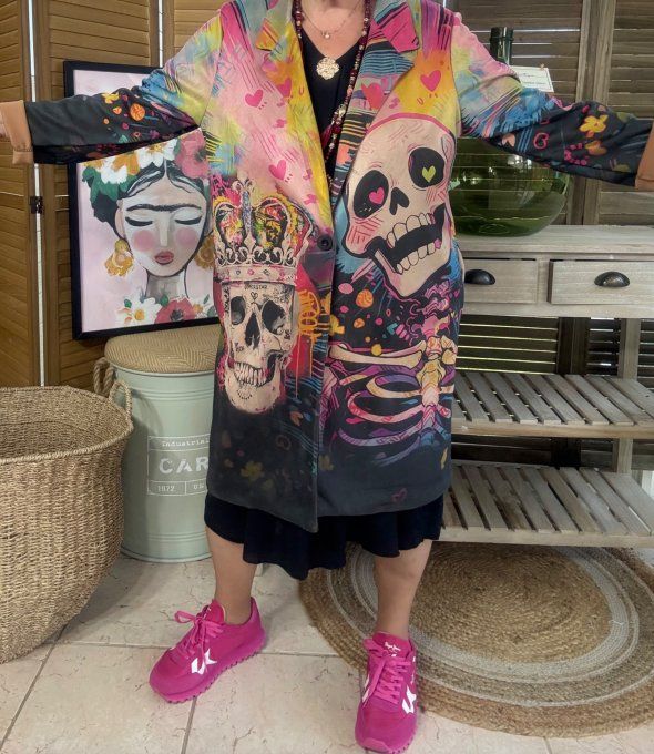 Veste longue suédine multicolore Mexican Skulls Rainbow du 36 au 46 et même + 