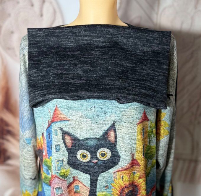 Tunique ample noire chinée grisée Le Chat Multicolore + tour de cou "Snood" assorti du 40 au 52 
