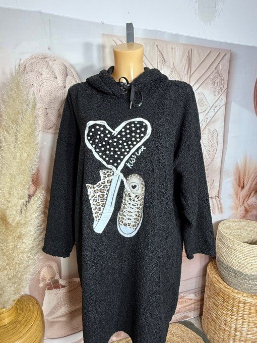 Robe à capuche moumoute noire Baskets Léopard coeur douceur +++ du 38 au 48/50