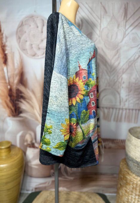 Tunique ample noire chinée grisée Le Chat Multicolore + tour de cou "Snood" assorti du 40 au 52 