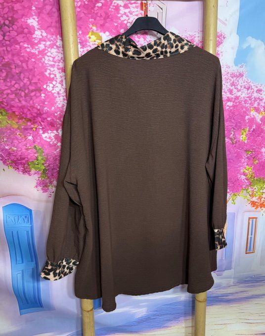 Chemise ample chocolat bordures léopard camel manches longues du 40 au 50/52