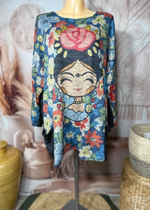 Tunique ample noire chinée grisée Frida Kahlo + tour de cou "Snood" assorti du 40 au 52 