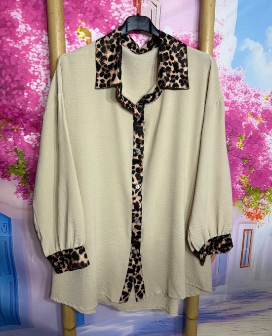 Chemise ample beige bordures léopard camel manches longues du 40 au 50/52 