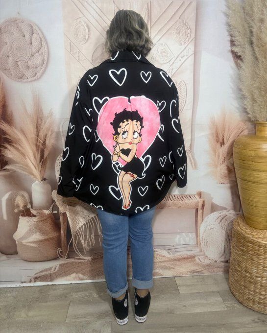 Chemise ample noire manches réglables Betty Boop Pink Pin Up du 40 au 52 