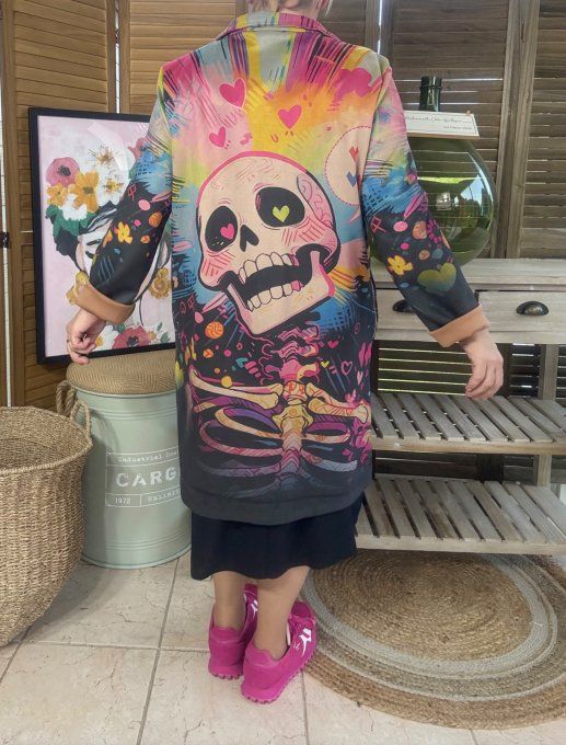 Veste longue suédine multicolore Mexican Skulls Rainbow du 36 au 46 et même + 