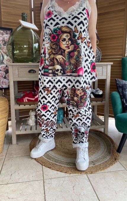 panta jogg  (dit magique) V noirs & blancs Tattoo Girl & Skulls du 40 au 50  