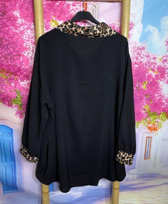 Chemise ample noire bordures léopard camel manches longues du 40 au 50/52   