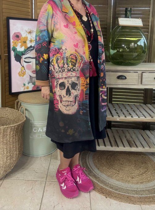 Veste longue suédine multicolore Mexican Skulls Rainbow du 36 au 46 et même + 