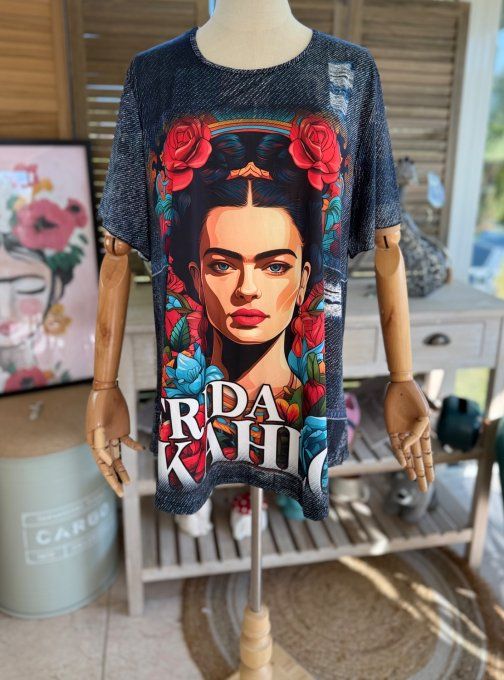 Top fluide trapèze effet jeans brut Frida Kahlo confort +++ du 38 au 50/52