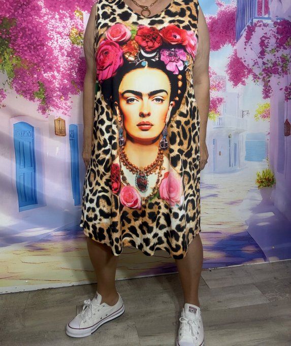 Robe trapèze débardeur lycra Léopard Frida Kahlo aux fleurs roses du 38 au 48/50