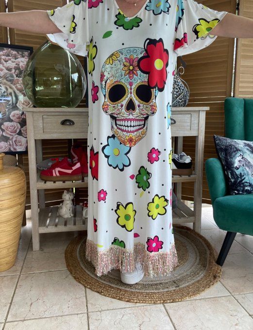 Robe longue satinée mat blanche Mexican Skulls Calaveras franges multicolores du 38 au 48/50