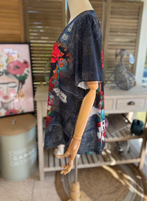Top fluide trapèze effet jeans brut Frida Kahlo confort +++ du 38 au 50/52