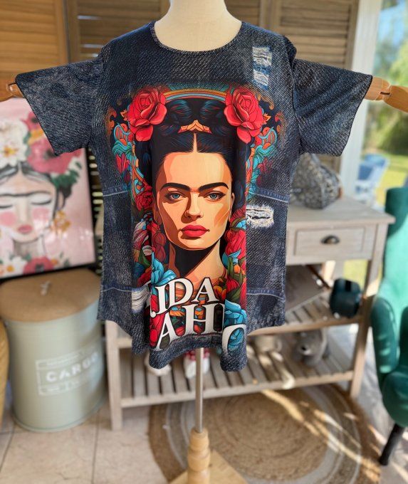 Top fluide trapèze effet jeans brut Frida Kahlo confort +++ du 38 au 50/52