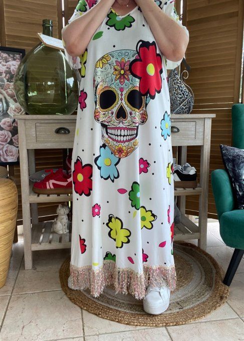 Robe longue satinée mat blanche Mexican Skulls Calaveras franges multicolores du 38 au 48/50
