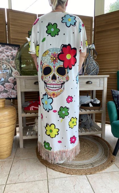 Robe longue satinée mat blanche Mexican Skulls Calaveras franges multicolores du 38 au 48/50