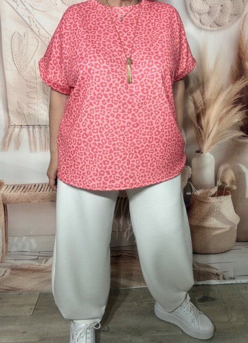 Sweat ample manches courtes Léopard Corail & Rose Abricoté du 40 au 52/54
